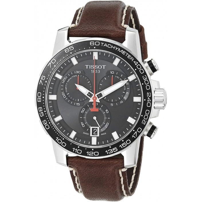 MONTRE T1256SL ACIER ET CUIR MARRON 45 5 MM CHRONOGRAPHE